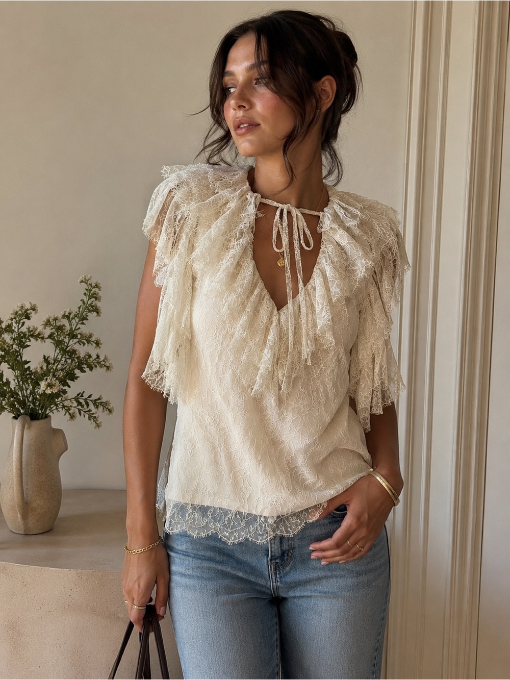 ROBERT RODRIGUEZ | Sleeveless Cream Lace Ruffle Tie-Neck Top | 8